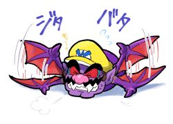 1boy bat_(animal) bat_wings big_nose closed_eyes colored_skin facial_hair fangs hat hoshi_(star-name2000) mustache nintendo pointy_ears purple_skin red_eyes simple_background sweatdrop thick_eyebrows wario wario_land wario_land_4 white_background wings yellow_hat 