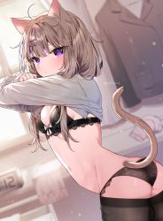  1girl animal_ear_fluff animal_ears artist_name ass bad_id bad_pixiv_id black_bra black_panties black_thighhighs blurry blurry_background bow bow_bra bra breasts brown_hair cat_ears cat_girl cat_tail closed_mouth commentary depth_of_field hair_ornament hairclip highres indoors lace lace-trimmed_bra lace-trimmed_panties lace_trim leo_(mafuyu) long_hair looking_at_viewer looking_to_the_side mafuyu_(chibi21) multicolored_hair navel no_pants original panties purple_eyes purple_hair shirt signature small_breasts solo standing streaked_hair symbol-only_commentary tail thighhighs twisted_torso underwear undressing white_shirt  rating:Sensitive score:58 user:danbooru