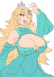  1boy 1girl artist_request bare_shoulders blonde_hair blue_eyes breasts cleavage flat_color giant giantess highres huge_breasts long_hair mario_(series) nintendo open_mouth rosalina simple_background star_(symbol) super_mario_bros._1 super_mario_galaxy tagme tongue tongue_out vore  rating:Questionable score:58 user:matze123
