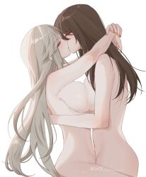 2girls absurdres arm_around_neck baconontheclock beidou_(genshin_impact) blush breast_press breasts brown_hair closed_eyes completely_nude from_side genshin_impact grey_hair hair_down hands_on_another&#039;s_back highres hug kiss large_breasts long_hair multiple_girls ningguang_(genshin_impact) nude simple_background symmetrical_docking twitter_username white_background yuri rating:Questionable score:96 user:danbooru