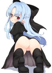  1girl ass black_capelet black_dress black_footwear black_thighhighs blue_hair bow capelet clothes_lift dress dress_lift female_focus from_behind hair_bow highres kagetsu_tooya kneeling leaning_forward len_(tsukihime) loli long_hair looking_back no_panties open_mouth pointy_ears presenting pussy red_eyes ribbon shoes simple_background solo teranekosu thighhighs thighs tsukihime white_background  rating:Explicit score:138 user:danbooru