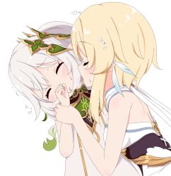  2girls age_difference azbchan1221 bare_arms bare_shoulders blonde_hair blush breasts closed_eyes closed_mouth dress flat_chest genshin_impact gradient_hair green_hair hair_between_eyes hair_ornament highres leaf_hair_ornament licking loli long_hair lumine_(genshin_impact) medium_breasts multicolored_hair multiple_girls nahida_(genshin_impact) onee-loli pointy_ears short_hair side_ponytail simple_background white_background white_dress white_hair yuri  rating:Sensitive score:55 user:nayoko1987
