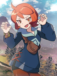  1girl :d arezu_(pokemon) black_shorts blurry blurry_background bracelet brown_pantyhose claw_pose cloud commentary_request creatures_(company) day fang game_freak grey_jacket hands_up highres jacket jewelry looking_at_viewer marie_(marie_cookie222) nintendo open_mouth orange_eyes orange_hair outdoors pantyhose pokemon pokemon_legends:_arceus shorts signature sky smile solo 