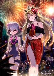  2boys 5girls 6+girls archer_(fate) blonde_hair brown_hair carrying earrings ereshkigal_(fate) fate/grand_order fate_(series) fireworks flower flower_necklace food fruit gold_earrings hair_flower hair_ornament hat highres holding_hands hood hoodie illyasviel_von_einzbern ishtar_(fate) ishtar_(swimsuit_rider)_(fate) jaguarman_(fate) jewelry kama_(fate) kama_(first_ascension)_(fate) lei long_hair looking_away matou_sakura multiple_boys multiple_girls necklace night parvati_(fate) pineapple purple_hair sarong shorts shoulder_carry siblings sisters sitonai_(fate) sun_hat swimsuit thigh_strap thighhighs tiara toyoyuki twintails twitter_username two_side_up  rating:Sensitive score:16 user:danbooru