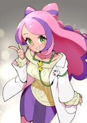  1girl blush bow-shaped_hair breasts collarbone creatures_(company) earrings flower_earrings game_freak gomomo00 green_eyes index_finger_raised jewelry lab_coat long_hair long_sleeves medium_breasts miriam_(pokemon) multicolored_hair nintendo off-shoulder_sweater off_shoulder pencil_skirt pink_hair pokemon pokemon_sv purple_hair purple_skirt school_nurse skirt solo stethoscope streaked_hair striped_clothes striped_skirt sweater swept_bangs yellow_nails yellow_sweater 