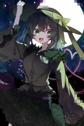  1girl :d arm_up black_hat blush bow buttons censored commentary_request cowboy_shot crossed_bangs diamond_button eyebrows_hidden_by_hair frilled_shirt_collar frilled_skirt frilled_sleeves frills full_moon green_eyes green_hair green_skirt hair_between_eyes hand_on_headwear hashtag-only_commentary hat hat_bow hat_ribbon heart heart-shaped_pupils heart_of_string highres koishi_day komeiji_koishi konmmts long_sleeves looking_at_viewer medium_hair moon mosaic_censoring night open_mouth outdoors ribbon shirt skirt smile solo symbol-shaped_pupils teeth third_eye touhou upper_teeth_only wide_sleeves yellow_bow yellow_ribbon yellow_shirt 