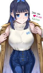  1girl absurdres bare_shoulders black_hair blue_eyes blue_hair blue_pants blunt_bangs breasts brown_coat coat colored_inner_hair denim detached_sleeves ear_piercing hair_intakes high-waist_pants highres hololive hololive_english jeans kagurachi large_breasts long_hair long_sleeves meme multicolored_hair official_alternate_costume official_alternate_hair_length official_alternate_hairstyle ouro_kronii ouro_kronii_(casual) pants piercing shirt solo sweater_tucked_in trench_coat turtleneck twitter_strip_game_(meme) virtual_youtuber white_shirt 