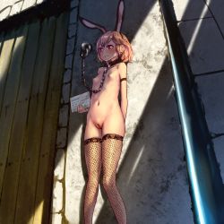  1girl animal_ears bdsm blush breasts brown_hair chain chained cleft_of_venus collar fishnet_thighhighs fishnets frown leash loli navel nipples nude original pussy rabbit_ears red_eyes revision short_hair slave small_breasts solo thighhighs uncensored yamada_(gotyui)  rating:Explicit score:592 user:danbooru