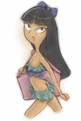  1girl ass bag bikini bikini_skirt black_eyes black_hair blue_bikini blue_bow bow breasts cleavage collarbone conoghi disney hair_bow handbag loli long_hair looking_at_viewer open_mouth phineas_and_ferb small_breasts stacy_hirano swimsuit walking white_background 