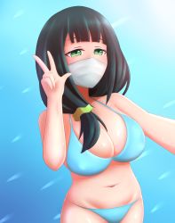  10s 1girl absurdres artist_name bikini black_hair blue_bikini breasts cleavage covered_mouth gabailu green_eyes gridman_universe hair_ornament hair_scrunchie hassu highres large_breasts long_hair looking_at_viewer mask mouth_mask navel scrunchie selfie side_ponytail solo ssss.gridman standing surgical_mask swimsuit v 