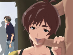 1girl alley amaha_masane beard black_eyes brown_hair censored clothed_female_nude_male collarbone exhibitionism facial_hair fellatio hand_on_head licking looking_at_viewer looking_away male_pubic_hair mosaic_censoring netorare noshiki nude open_mouth oral outdoors penis pubic_hair public_indecency serious short_hair standing stealth_fellatio stealth_sex tongue upper_body walking witchblade  rating:Explicit score:43 user:Kentabarou