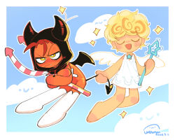 2boys angel angel_and_devil angel_boy angel_cookie angel_wings anger_vein angry bat_wings blonde_hair blush closed_eyes cloud cloudy_sky colored_skin cookie_run demon demon_boy demon_horns demon_tail demon_wings devil_cookie dress fang fang_out flying full_body happy highres holding holding_pitchfork holding_wand hood horns jewelry male_focus multiple_boys necklace personification pitchfork pulling pulling_another&#039;s_clothes pulling_tail red_hair red_skin sky smile sparkle star_(symbol) star_necklace tail thighhighs trap wand wenyu white_dress white_thighhighs wings yellow_eyes