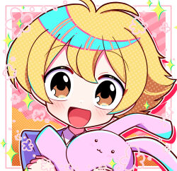  1boy ahoge blonde_hair blush border brown_eyes chibi drawn_flower halftone haninozuka_mitsukuni highres holding holding_stuffed_toy inset_border looking_at_viewer male_focus multicolored_background open_mouth orange_background ouran_high_school_host_club ouran_high_school_uniform outline pink_background pink_border school_uniform short_hair smile solo sparkle striped_background stuffed_animal stuffed_rabbit stuffed_toy upper_body virie white_border white_outline 