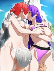  1boy 2girls absurdres archer_(fate) bikini bisexual_female blue_sky blush boudica_(fate) breasts censored collarbone commission cunnilingus eyepatch_bikini fate/grand_order fate_(series) fingering grabbing grabbing_another&#039;s_breast grey_hair highres large_breasts long_hair minamoto_no_raikou_(fate) minamoto_no_raikou_(fate/grand_order) minamoto_no_raikou_(swimsuit_lancer)_(fate) multiple_girls navel open_mouth oral parted_bangs pixiv_commission purple_bikini purple_eyes purple_hair pussy red_hair short_hair short_ponytail sky smile swimsuit tamamoice thighs tongue tongue_out very_long_hair white_bikini 