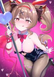 1girl :q absurdres alternate_costume angelina_(arknights) animal_ear_hairband animal_ears arknights arm_ribbon bare_shoulders between_breasts black_leotard blush bow bowtie breasts brown_eyes brown_hair brown_pantyhose chinese_commentary closed_mouth clothing_cutout commentary_request cuffs dated detached_collar fake_animal_ears fingernails fishnet_pantyhose fishnets glint hair_intakes hair_ornament hairband handcuffs heart heart_cutout highres leotard medium_breasts medium_hair nail_polish necktie nipples pantyhose pink_background pink_nails playboy_bunny pole rabbit_hole_(vocaloid) red_bow red_bowtie red_hairband red_necktie red_ribbon ribbon short_necktie solo sparkle tongue tongue_out traditional_bowtie variant_set vocaloid x_hair_ornament zhan_bai_(daviding) 