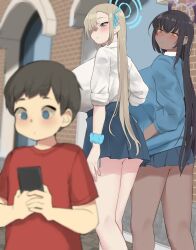  1boy 2girls absurdres age_difference asuna_(blue_archive) black_hair blonde_hair blue_archive blue_halo blue_jacket blue_skirt blurry blurry_foreground blush breasts brick_wall cellphone commentary cowboy_shot depth_of_field distracted_boyfriend_(meme) from_behind halo hand_in_pocket highres holding holding_phone huge_breasts jacket karin_(blue_archive) kneepits long_hair long_sleeves looking_at_another looking_back meme minggoo multiple_girls onee-shota outdoors phone pleated_shirt puckered_lips purple_halo red_shirt scrunchie shirt short_hair short_sleeves shota skirt smartphone symbol-only_commentary thighs upper_body white_shirt window wrist_scrunchie yellow_eyes  rating:Sensitive score:98 user:danbooru