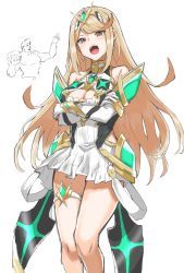  1boy 1girl absurdres armor bad_id bad_twitter_id bare_shoulders blonde_hair blush breasts cleavage cleavage_cutout clothing_cutout crossed_arms dress earrings elbow_gloves gem gloves hair_ornament headpiece highres jewelry large_breasts legs long_hair looking_at_viewer malos_(xenoblade) mythra_(xenoblade) nintendo short_hair shoulder_armor shy swept_bangs thigh_strap thighs tiara tsundere very_long_hair white_dress xenoblade_chronicles_(series) xenoblade_chronicles_2 yellow_eyes  rating:Sensitive score:9 user:akenator2