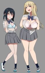  2girls alexa_mahone black_hair blonde_hair blue_eyes blush bow bowtie bra breasts brown_eyes cleavage fang glasses grey_background highres large_breasts loafers long_hair mole mole_on_breast multiple_girls open_clothes open_shirt original pleated_skirt ponytail red-framed_eyewear ringed_eyes school_uniform shoes simple_background skirt small_breasts underwear 