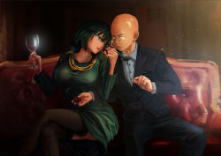  1boy 1girl alcohol alternate_costume bald black_necktie black_pants black_suit black_thighhighs breasts chair collared_shirt comic couple crossed_legs cup dress drinking_glass eye_contact formal fubuki_(one-punch_man) green_dress green_eyes green_hair hetero highres holding holding_cup holding_drinking_glass indoors jewelry light light_particles lipstick long_sleeves looking_at_another makeup necklace necktie necktie_grab neckwear_grab one-punch_man ornate_ring palee pants parted_lips red_lips ring ring_box saitama_(one-punch_man) shiny_skin shirt short_hair sitting suit taut_clothes taut_dress thighhighs thighs tsurime wedding_ring wine wine_glass  rating:Sensitive score:22 user:danbooru