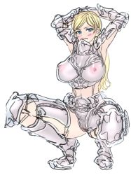 1girl armor armpits arms_behind_head blonde_hair blue_eyes blush breastplate breasts covered_erect_nipples female_pubic_hair gauntlets greaves hajimanabu huge_breasts long_hair looking_at_viewer navel nipples original pubic_hair pussy see-through simple_background solo squatting white_background  rating:Explicit score:18 user:danbooru
