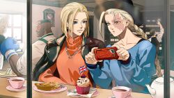  2girls 3boys blue_eyes boxing_gloves braid cafe cammy_white casual cellphone coffee_cup cup cupcake dark-skinned_male dark_skin decapre disposable_cup dudley food hat highres jacket jacket_on_shoulders jewelry leather leather_jacket multiple_boys multiple_girls necklace official_art phone scar scar_on_face smartphone smile street_fighter street_fighter_6 street_fighter_iii_(series) street_fighter_iv_(series) sweater turtleneck turtleneck_sweater twin_braids union_jack 