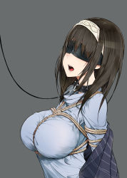 10s 1girl absurdres animal_collar arms_behind_back bdsm black_hair blindfold bondage bound bound_arms breast_bondage breasts collar dickbomber facing_away from_side grey_background hair_over_eyes hairband highres idolmaster idolmaster_cinderella_girls large_breasts leash long_hair open_mouth rope sagisawa_fumika shawl shibari simple_background solo sweater upper_body rating:Questionable score:73 user:danbooru