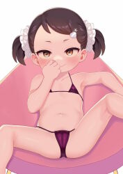  1girl atg_(wttoo0202) bare_arms bare_shoulders becky_blackbell bikini black_hair blush cameltoe cleft_of_venus closed_mouth collarbone feet_out_of_frame female_focus flat_chest hair_ornament hairclip hand_up loli looking_at_viewer lying micro_bikini navel on_back purple_bikini simple_background smile solo spread_legs spy_x_family swept_bangs swimsuit twintails white_background  rating:Questionable score:483 user:danbooru