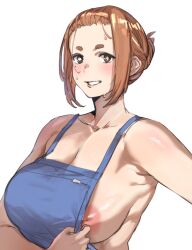  1girl apron blue_apron bow_(bhp) breasts brow_hair brown_hair cleavage clenched_teeth commentary_request inverted_nipples kaii_to_otome_to_kamigakushi large_breasts looking_at_viewer mature_female mole mole_under_eye ogawa_sumireko short_hair sidelocks simple_background smile sweat sweatdrop teeth upper_body white_background 