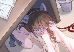  2girls all_fours animal_ears artist_request blindfold brown_hair cat_ears fake_animal_ears feet female_focus foot_focus foot_worship humiliation licking licking_foot multiple_girls pet_play pussy_juice thighhighs voptr yuri 
