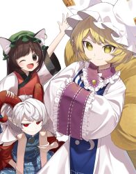  3girls ;d absurdres blonde_hair blunt_bangs brown_eyes brown_hair chen commentary_request fox_tail hands_in_opposite_sleeves happy hat highres horns keiki8296 light_blush medium_hair mob_cap multiple_girls multiple_tails one_eye_closed open_mouth red_eyes simple_background smile tail touhou toutetsu_yuuma white_background white_hair yakumo_ran yellow_eyes 
