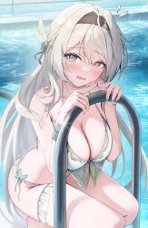  1girl absurdres armpit_crease bikini blurry blush bokeh breasts cleavage depth_of_field firefly_(honkai:_star_rail) flying_sweatdrops glint grey_hair hairband halterneck highres honkai:_star_rail honkai_(series) index_fingers_together jim199909 large_breasts long_hair looking_at_viewer multicolored_eyes nervous_sweating nose_blush pool purple_nails side-tie_bikini_bottom solo squatting sweat swimsuit thigh_strap very_long_hair wet 