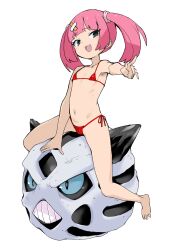  1girl :d armpits bikini commentary_request coral_(pokemon) creatures_(company) fang flat_chest game_freak gen_3_pokemon glalie hair_ornament hand_up happy highres loli looking_at_viewer micro_bikini navel nintendo ookamiuo open_mouth pink_hair pokemon pokemon_(anime) pokemon_horizons red_bikini riding riding_pokemon side-tie_bikini_bottom simple_background sitting_on_animal smile solo swimsuit twintails white_background x_hair_ornament  rating:Questionable score:24 user:danbooru