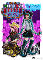  2024 2girls absurdres adapted_costume belt black_belt black_hat black_shirt black_skirt blue_hair blue_nails boots braid breasts brown_hat brown_thighhighs cactus closed_mouth commentary cowboy_hat earrings embroidery english_commentary expressionless fingernails full_body grey_shirt hat hatsune_miku hatsune_miku_expo highres jewelry long_hair long_sleeves medium_bangs megurine_luka mexican_clothes mexico mikitll multiple_girls nopal pink_hair pink_nails pleated_skirt pointy_footwear saguaro shirt side_braid single_braid skirt small_breasts squatting standing studded_belt sunglasses thighhighs tied_shirt twin_braids vocaloid 