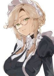  1girl ade_(nikke) black_dress blonde_hair bow bowtie braid breasts dress glasses goddess_of_victory:_nikke green_eyes grin gurori juliet_sleeves large_breasts long_hair long_sleeves looking_at_viewer maid maid_headdress parted_lips puffy_sleeves sidelocks smile solo white_bow white_bowtie 