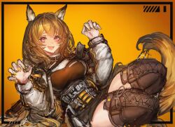  1girl absurdres amayouri animal_ears arknights blonde_hair boots brown_footwear brown_hair brown_shirt brown_tail ceobe_(arknights) chinese_commentary claw_pose commentary_request dog_ears dog_girl dog_tail fang feet_out_of_frame grey_jacket hands_up highres jacket long_hair long_sleeves looking_at_viewer open_clothes open_jacket open_mouth orange_background pink_eyes shirt sketch skin_fang smile solo tail thigh_boots underbust yellow_tail 