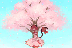  1girl animal_ears cat_ears cat_girl cat_tail cherry_blossoms commentary_request day gloves highres hs1122 looking_at_viewer magical_girl mew_ichigo momomiya_ichigo pink_eyes pink_hair short_hair solo tail tokyo_mew_mew 