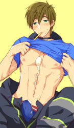 10s 1boy brown_hair bulge clothes_lift erection erection_under_clothes firefighter food free! future_fish green_eyes ice_cream male_focus mo_(nmnme) popsicle sexually_suggestive shirt_lift short_hair solo sweat tachibana_makoto underwear rating:Questionable score:33 user:danbooru
