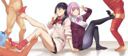 10s 2girls 3boys black_hair black_pantyhose black_skirt blue_eyes blush bound bow breasts cardigan censored clothed_female_nude_male collared_shirt feet foot_worship footjob gradient_legwear gridman_universe head_out_of_frame hetero highres holding_hands jacket large_breasts legs legs_up licking licking_foot light_purple_hair long_hair long_sleeves looking_at_another looking_at_viewer microskirt mosaic_censoring multicolored_clothes multicolored_legwear multiple_boys multiple_girls multiple_penises navel no_shoes nude off_shoulder orange_scrunchie pantyhose penis penis_under_another&#039;s_clothes pink_eyes pleated_skirt purple_bow purple_jacket red_bow red_legwear red_neckwear school_uniform scrunchie shinjou_akane shirt skirt sleeves_past_wrists socks ssss.gridman sweater takarada_rikka thighs white_cardigan white_shirt white_sweater wrist_scrunchie yonoki rating:Explicit score:132 user:danbooru