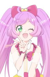  1girl ;d absurdres ahoge bow commentary_request detached_sleeves green_eyes hair_bow hand_up highres hokahoka_yudoufu idol_clothes long_hair looking_at_viewer manaka_laala one_eye_closed open_mouth pink_bow pretty_series pripara puffy_detached_sleeves puffy_sleeves purple_hair simple_background smile solo swept_bangs treble_clef twintails upper_body w white_background 