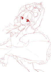  0002koko 1girl absurdres bow dancing dress frilled_dress frilled_sleeves frills front_ponytail hair_bow hair_ribbon highres kagiyama_hina looking_at_viewer puffy_short_sleeves puffy_sleeves ribbon short_sleeves simple_background sketch smile solo touhou white_background 