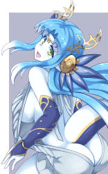 1girl ass bare_shoulders blue_hair blue_skin breasts bridal_gauntlets butt_crack clothes_pull colored_skin dragon_tail flan_(zhd91) green_eyes grey_background hair_ornament highres horns huge_breasts long_hair looking_at_viewer meme_attire open_mouth puzzle_&amp;_dragons simple_background solo sumire_(p&amp;d) sweater sweater_pull tail underboob virgin_killer_sweater  rating:Sensitive score:14 user:danbooru