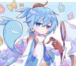  1boy blue_hair bug butterfly_net closed_mouth expressionless futaba969649 hand_net insect ladybug long_sleeves looking_at_viewer puyopuyo red_eyes rhinoceros_beetle short_hair sig_(puyopuyo) solo upper_body 