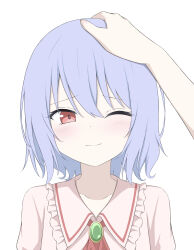  1girl 1other ;) anime_coloring blue_hair blush bright_pupils cel_shading close-up closed_mouth collarbone commentary frilled_shirt_collar frills gem green_gemstone hair_between_eyes hand_on_another&#039;s_head happy headpat highres looking_at_viewer no_headwear one_eye_closed out_of_frame pink_shirt portrait pov pov_hands raised_eyebrows red_eyes remilia_scarlet shirt short_hair simple_background smile solo_focus split_mouth straight-on szl touhou white_background 