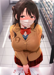 1girl arm_behind_back blazer blush bow bowtie breasts brown_hair buying_condoms cash_register checkered_clothes checkered_skirt condom_box convenience_store embarrassed female_focus from_above idolmaster idolmaster_cinderella_girls indoors jacket large_breasts long_hair looking_at_viewer mask mouth_mask pleated_skirt red_bow red_bowtie red_eyes satou_kuuki school_uniform shimamura_uzuki shirt shop skirt solo standing surgical_mask rating:Sensitive score:66 user:danbooru