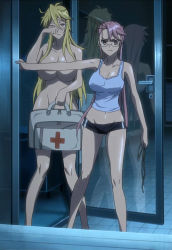  2girls ahoge bag blonde_hair blush breasts censored cleavage convenient_arm convenient_censoring fang glasses highres highschool_of_the_dead huge_breasts large_breasts long_hair marikawa_shizuka multiple_girls no_bra nude orange_eyes pink_hair reflection ribbon screencap standing stitched takagi_saya third-party_edit tsurime  rating:Questionable score:128 user:Broodwich