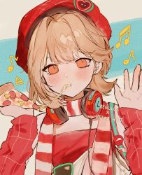  1girl :t arm_warmers beamed_sixteenth_notes beret blue_background blush brown_hair character_name eating eighth_note food hat headphones headphones_around_neck highres holding holding_food holding_pizza looking_at_viewer marron2301 musical_note official_alternate_costume orange_eyes pizza pizza_hut pizza_slice red_arm_warmers red_hat red_scarf red_shirt regulus_(reverse:1999) reverse:1999 scarf shirt short_hair solo striped_clothes striped_scarf two-tone_background upper_body white_background white_scarf 