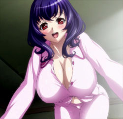  1girl blush breasts cleavage hanging_breasts highres huge_breasts jpeg_artifacts large_breasts looking_at_viewer navel open_mouth pajamas purple_hair red_eyes screencap seikon_no_qwaser smile solo unbuttoned yamanobe_tomo  rating:Questionable score:175 user:danbooru
