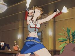  00s 1girl animated animated_gif belt bracelet breasts brown_hair crotch dual_wielding elie fighting_stance firing gluteal_fold gun holding holding_weapon indoors jewelry medium_breasts miniskirt navel necklace open_crotch pencil_skirt rave screencap short_hair shouting side_slit skirt smoke tank_top thighs third-party_edit tonfa weapon 