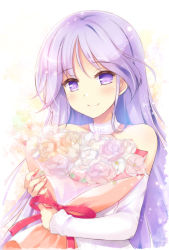  1boy blush bouquet choker closed_mouth commentary detached_sleeves dress flower happiness! highres holding holding_bouquet ko~cha long_hair male_focus purple_eyes purple_hair smile solo trap upper_body very_long_hair watarase_jun white_dress 