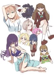  6+girls :&lt; :| @_@ absurdres anyoji_hime aqua_eyes aqua_neckerchief arm_at_side arm_on_own_head arm_up bangs_pinned_back bikini black_hair blonde_hair blue_bikini blue_eyes blue_hair blue_sarong blunt_bangs braid breasts brown_dress brown_footwear brown_hair center-flap_bangs cleavage closed_mouth collarbone commentary cropped_head cropped_torso dark_blue_hair dress expressionless fang fang_out finger_to_mouth frown fujishima_megumi glaring green_eyes hair_down hair_spread_out half-closed_eyes hasu_no_sora_school_uniform highres hinoshita_kaho holding holding_stuffed_toy invisible_chair kachimachi_kosuzu large_breasts light_smile link!_like!_love_live! loafers long_hair long_sleeves love_live! medium_breasts medium_hair momose_ginko multiple_girls murano_sayaka navel neckerchief open_mouth orange_background osawa_rurino otomune_kozue parted_lips partially_shaded_face peanut_mouth pink_hair pinky_to_mouth pleated_dress purple_eyes purple_hair red_eyes sailor_collar sailor_dress sarong school_uniform seductive_smile shirt shoes short_dress side_braids sidelocks simple_background sitting sketch smile socks split_mouth standing stomach stuffed_dinosaur stuffed_toy sunglasses sunkeun swimsuit twintails virtual_youtuber white_background white_sailor_collar white_shirt white_socks winter_uniform yokozuwari yugiri_tsuzuri 